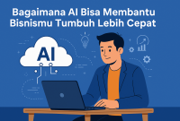 Ilustrasi pemilik bisnis kecil menggunakan dashboard AI dengan grafik pertumbuhan bisnis.