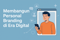 Ilustrasi seorang profesional muda membangun profil online dengan elemen media sosial dan konten digital di sekitarnya.