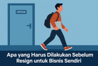 Ilustrasi orang meninggalkan kantor dengan ransel dan laptop untuk memulai bisnis pribadi