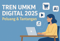 Ilustrasi pelaku UMKM mengelola toko online di laptop dengan ikon teknologi di sekitarnya