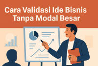 Seorang pemuda mempresentasikan ide bisnis di depan papan strategi sederhana