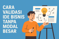 Ilustrasi seorang pemuda sedang menuliskan ide bisnis di papan, dikelilingi simbol survei, grafik, dan target pasar.