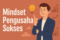 Ilustrasi seorang entrepreneur berpikir kreatif dengan latar belakang simbol-simbol bisnis seperti grafik, target, dan cahaya ide.